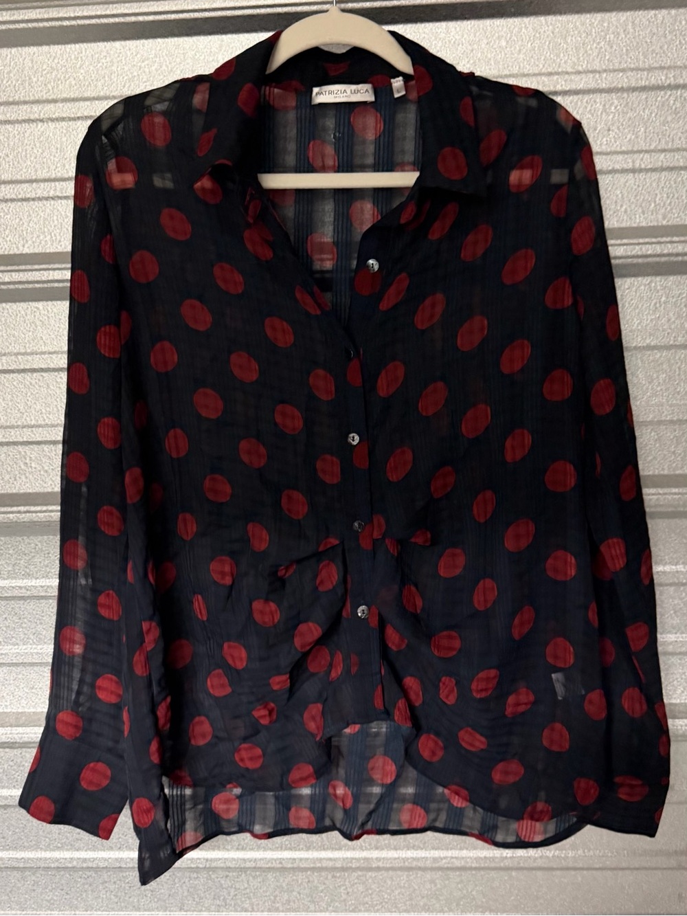 Patrizia Luca navy red sheer button up blouse L